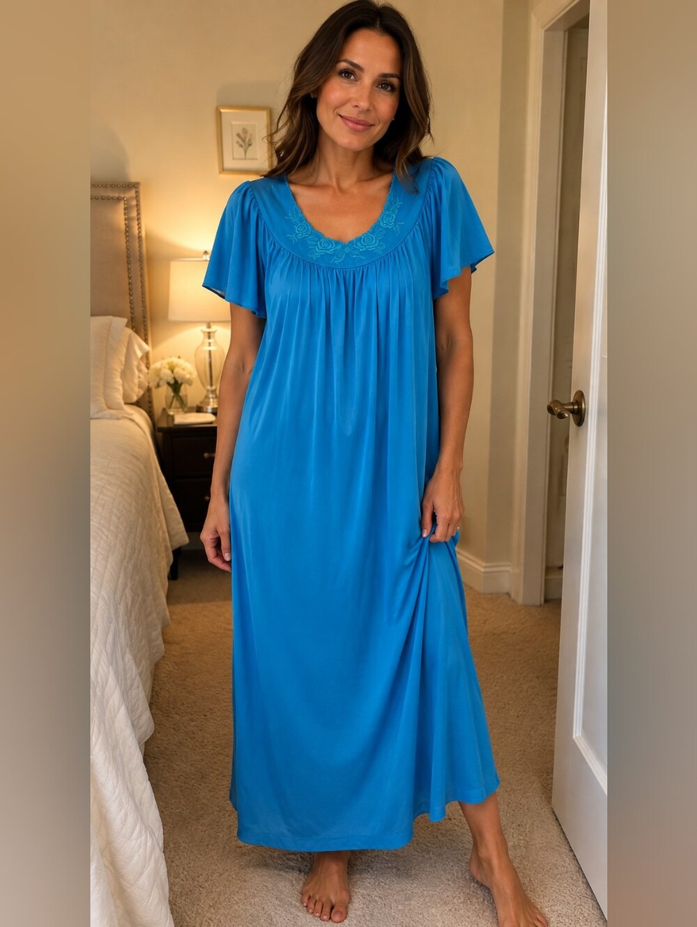 Vintage Turquoise Embroidered Floral Maxi Nightgown